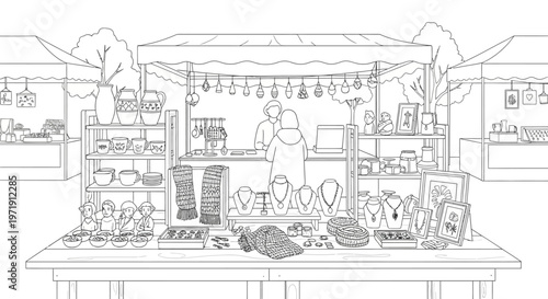 Handmade Jewelry Stall at Outdoor Market - Line Art Illustration