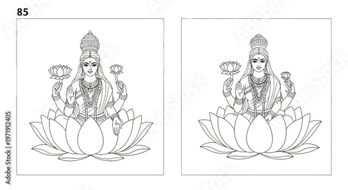 Hindu Goddess Lakshmi Sitting on Lotus Flower Line Art - Two Identical Figures