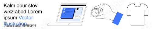 Digital tools, workflow, time tracking, e-commerce, online shopping, design. A laptop screen, hand holding stopwatch and clothing icon. Digital tools and time tracking concepts