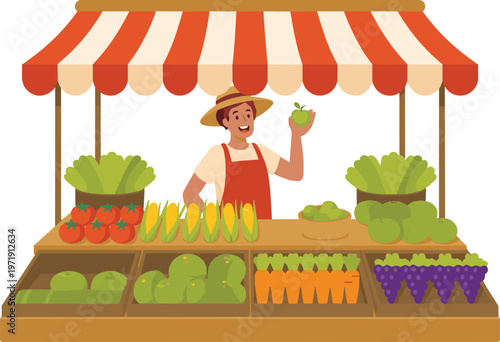 Friendly farmer selling fresh organic fruits and vegetables at a local market stall with red and white striped awning.