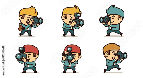 Cartoon photographers with cameras in various poses and colors
