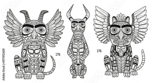 Indigenous Art: Tribal Totem Animals - Griffin, Bull, Winged Cat