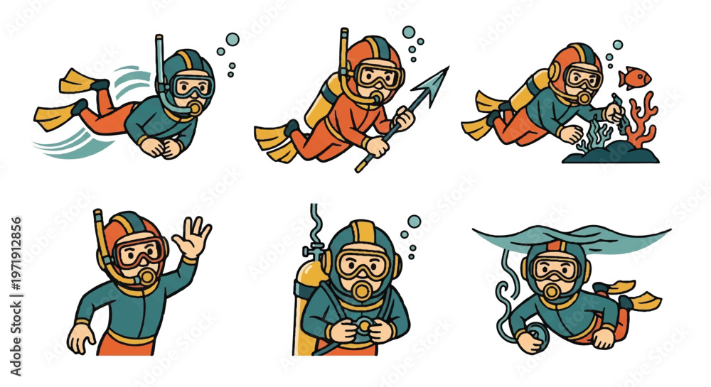 Fototapeta premium Cartoon divers in action underwater adventures and exploration illustrations