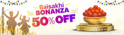 Festive Baisakhi banner background with Baisakhi Bonanza up to 50% off, sale discount promotion logo unit and product presentation podium vector illustration.