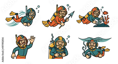 Cartoon divers in action underwater adventures and exploration illustrations