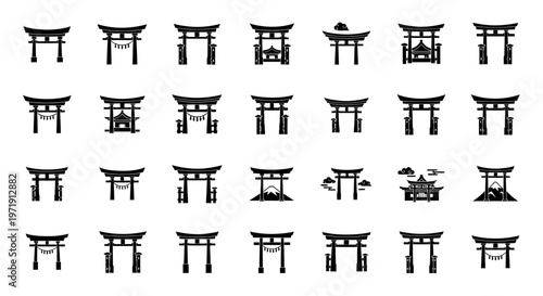 Japanese Torii Gate Icons Set: Traditional Shinto Shrine Entrance Symbols