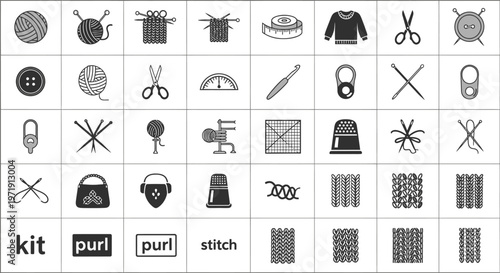 Knitting and Sewing Icons Set: Crafting Tools, Supplies, and Stitches