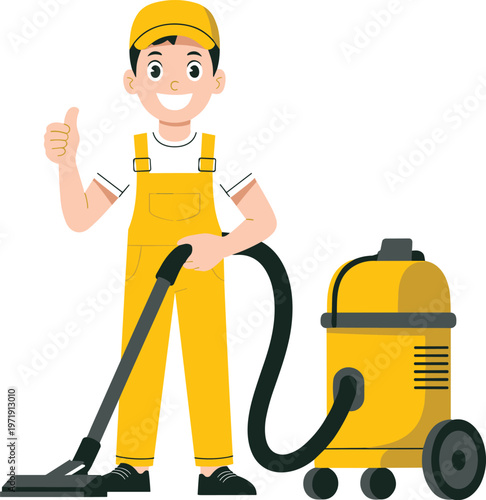 Professional cleaning service worker in yellow overalls and cap using an industrial vacuum cleaner and giving a thumbs up for hygiene and maintenance concept.