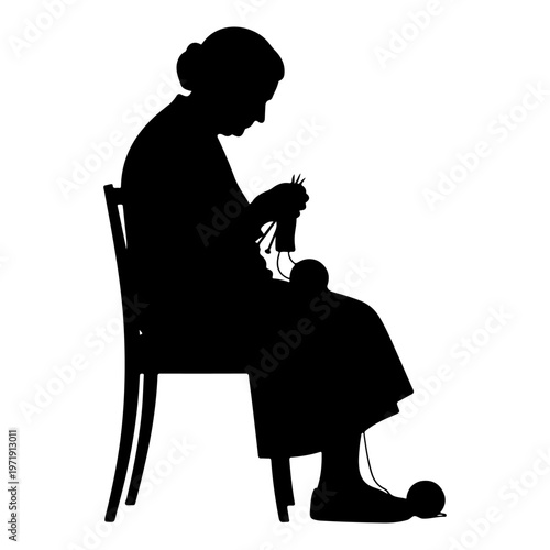 Elderly woman silhouette knitting on a chair, vintage craft vector illustration