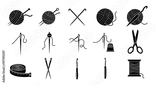 Knitting and Sewing Icons: Yarn Balls, Needles, Crochet Hooks, Scissors, Thimble