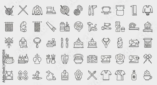 Knitting Craft Icons Set - Handmade Hobby and Sewing Symbols Collection