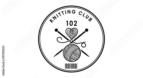 Knitting Club Logo with Yarn Ball, Needles, and Heart Design