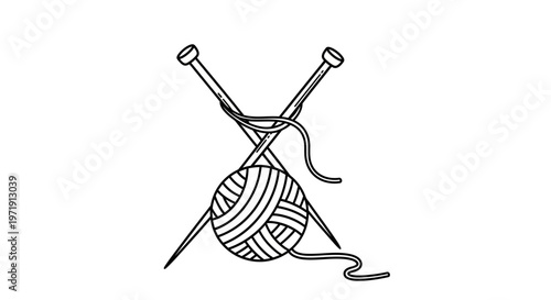 Knitting needles and yarn ball icon, simple line art for crafts and hobbies
