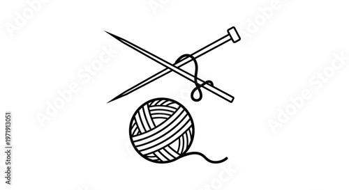 Knitting needles and yarn ball icon, simple line art, craft symbol