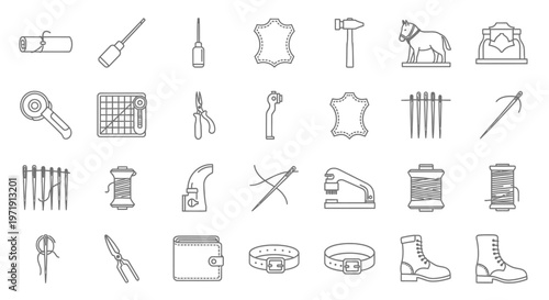 Leather Crafting Tools and Materials Icon Set