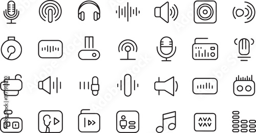 Diverse set of audio and media icons including microphones, speakers, headphones, and sound equipment, illustrating concepts of sound recording, playback, and transmission.