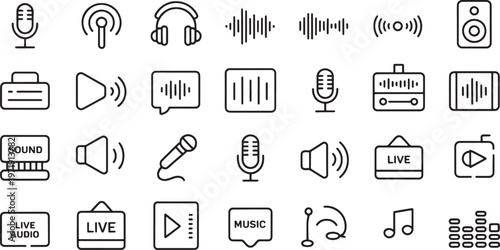 Assortment of audio-related icons featuring sound waves, microphones, headphones, speakers, and music symbols, perfect for representing sound, music, and audio technology.