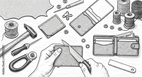 Leather Wallet Crafting: Hands cutting leather with tools and materials
