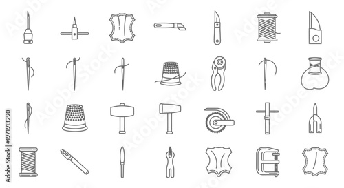 Leatherworking Tools and Materials Icon Set: Crafting, Sewing, and Repair Supplies