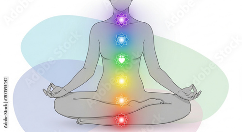 Human body with seven chakras glowing in meditation yoga practice with colorful energy points