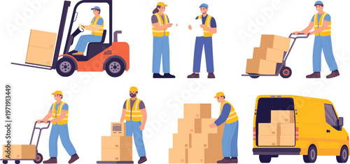 Vector set of warehouse workers managing logistics including forklift operation loading delivery van and moving cardboard boxes with hand trucks.