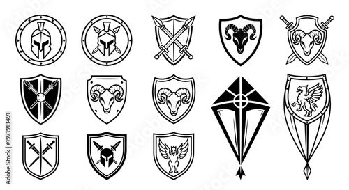 Medieval Shields, Helmets, Swords, Ram and Griffin Icons Set