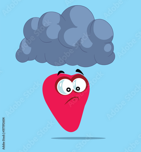 Sad and Depressed Heart Under a Threatening Cloud Vector Cartoon. Stressed soul having problems after a breakup feeling down and unhappy
