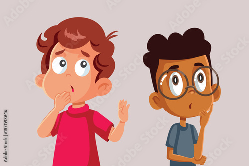 Two Boys Thinking Together Vector Illustration Characters. Schoolboys curious to find a solution to the problem together 
