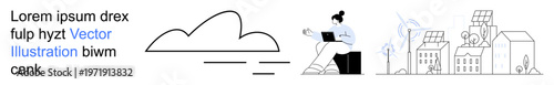 Clean energy, environmental technology, rural sustainability, cloud technology, remote work, future living. Line art includes solar panels, a person with a laptop and clouds. Clean energy