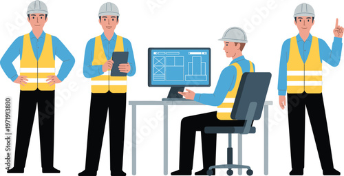 Set of professional male engineers or construction site managers in safety vests and hard hats using digital tablets and working at a computer desk.