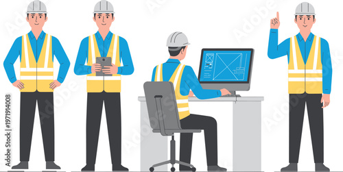 Set of professional male engineers or construction site managers in safety vests and hard hats using digital tablets and working at a computer desk.
