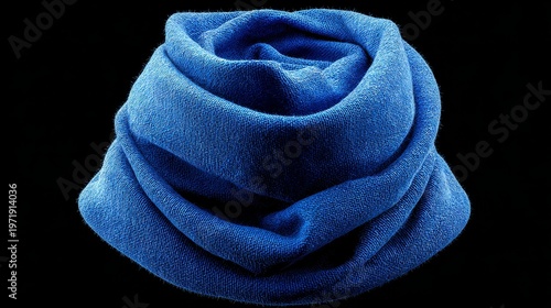 Cute blue woolen scarf icon with 3D rendering, high resolution front view on solid black background, professional studio lighting, detailed texture and soft fabric appearance