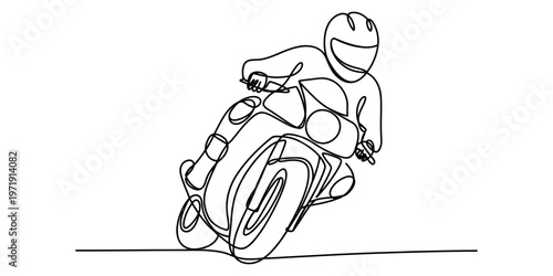 A continuous line drawing of a person riding a motorcycle while leaning into a sharp road turn Vector, illustration