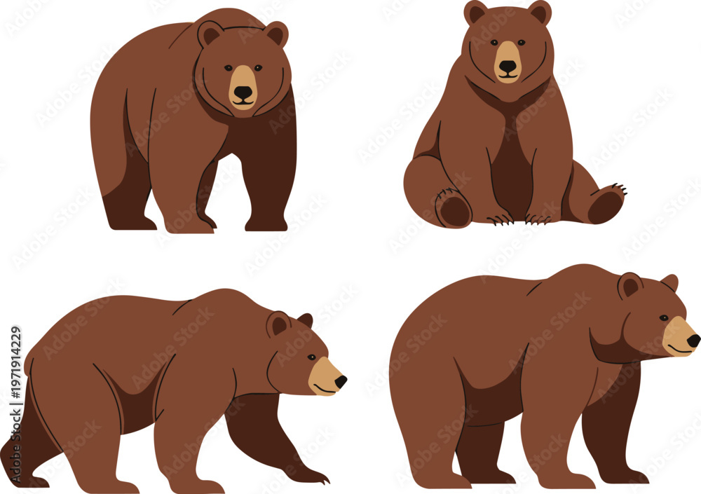 Fototapeta premium Brown Bear Set with Different Poses Including Standing, Sitting, and Walking in Cartoon Style for Wildlife Illustration, Animal Design, and Nature Collection