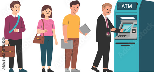 Diverse set of people standing in line to use a blue ATM for banking transactions and cash withdrawal in a modern city lifestyle