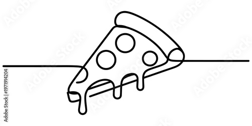 A single continuous line drawing of a delicious slice of pizza with melting cheese and toppings Vector, illustration