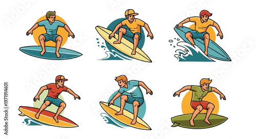 Surfers on waves set vector illustration water sport action graphics