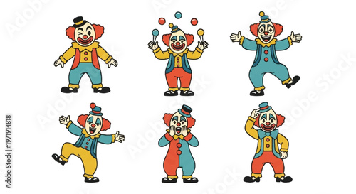 Cartoon clowns in various poses for entertainment and design