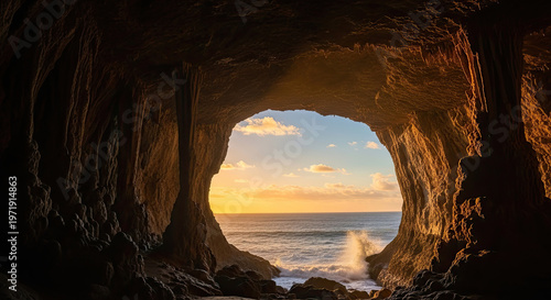 A view from inside a sea cave looking out at the ocean and sunset.