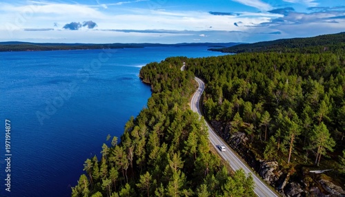 Aerial view of a scenic coastal road winding through dense pine forests next to a deep blue lake, perfect for travel, summer adventure, tourism