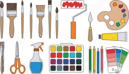 Art Supplies Collection with Paint Brushes, Palette, Colors, Roller, and Drawing Tools for Creative Illustration, Painting Design, and Artist Equipment Set