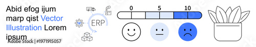 ERP system, user feedback, business evaluation, customer satisfaction, minimal design, corporate analysis. ERP icon with rating scale and neutral, sad emoticon. ERP system and feedback