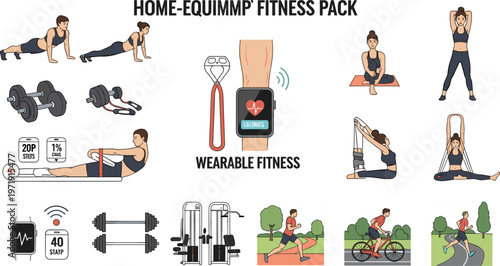 Yoga and Home Workout Exercise Set Featuring Stretching Poses Plank Lunges and Fitness Training Routine Healthy Lifestyle Vector Illustration Collection