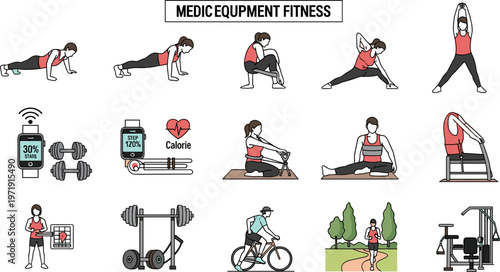 Yoga and Home Workout Exercise Set Featuring Stretching Poses Plank Lunges and Fitness Training Routine Healthy Lifestyle Vector Illustration Collection