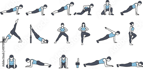 Yoga and Home Workout Exercise Set Featuring Stretching Poses Plank Lunges and Fitness Training Routine Healthy Lifestyle Vector Illustration Collection