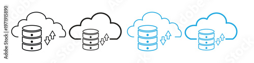 Cloud Database Icon Set with Data Transfer Arrows Outline and Solid Style Storage and Backup Symbol.