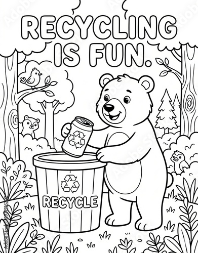 Earth day coloring page of a cuddly bear stands upright, carefully placing an empty aluminum can into a labeled recycling bin