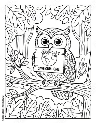 Earth day coloring page of a wise, large-eyed owl is perched on a thick tree branch.