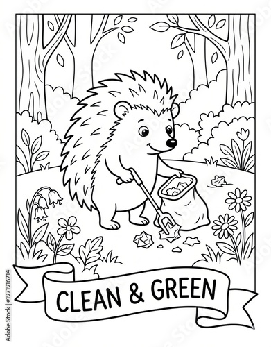 Earth day coloring page of an adorable hedgehog, with soft-looking spikes, uses a tiny trash-picker tool to gather crumpled papers into a small bag