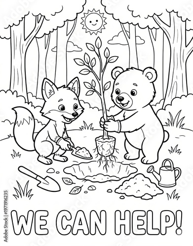 Earth Day Coloring Page with a fox and a bear are planting a tree